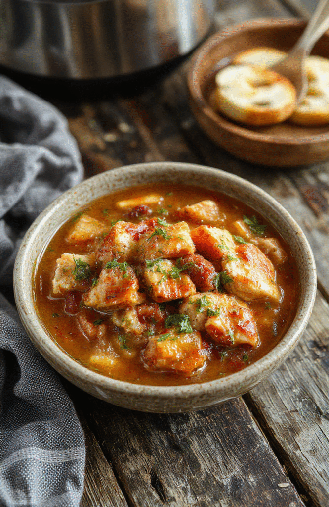 Hearty slow cooker chicken stew in a rustic ceramic bowl: tender shredded chicken, golden carrots, creamy potatoes, and green beans in a rich brown broth, garnished with fresh parsley, served with a crusty bread slice on the side. Warm steam rises, natural light highlights the rich textures and vibrant colors.