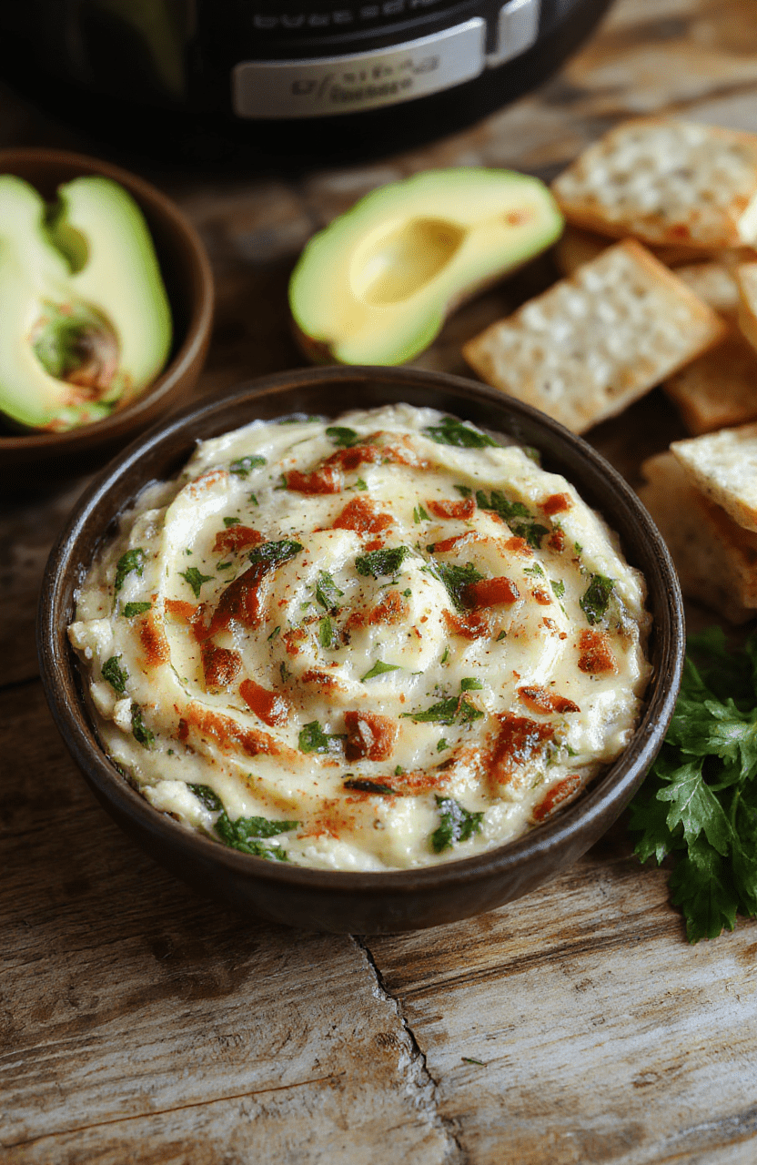 Creamy spinach artichoke dip in a rustic ceramic crockpot on a wooden table, bubbly golden surface with visible spinach leaves and artichoke hearts, garnished with freshparsley and red pepper flakes, served with toasted pita triangles and colorful tortilla chips in a woven basket beside it, warm ambient lighting, natural daylight from window.