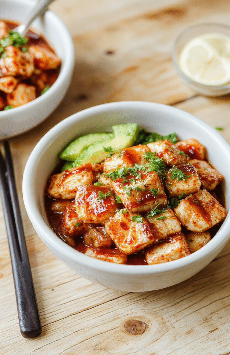 A vibrant bowl of fluffy white rice topped with golden-brown turkey strips glistening with glossy teriyaki glaze, steamed broccoli florets, sliced green onions, sesame seeds, and a sprinkle of red chili flakes, arranged neatly on a matte white ceramic bowl with soft natural lighting and shallow depth of field.