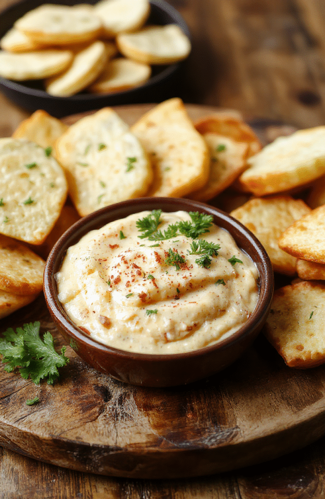 A golden-brown, bubbling cheesy corn dip served in a rustic ceramic bowl, topped with shredded cheddar, fresh cilantro, and diced red onion, surrounded by tortilla chips and sliced jalapeños on a wooden board