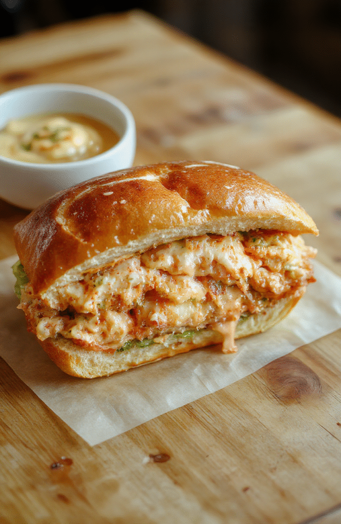 Soft, pillowy Japanese egg sandwich sliced diagonally, revealing creamy custard-like egg filling Between two pale golden milk bread slices, garnished with a light dusting of powdered sugar and a small sprig of parsley, placed on a rustic wooden cutting board with a side of miso soup and pickled vegetables in natural daylight.