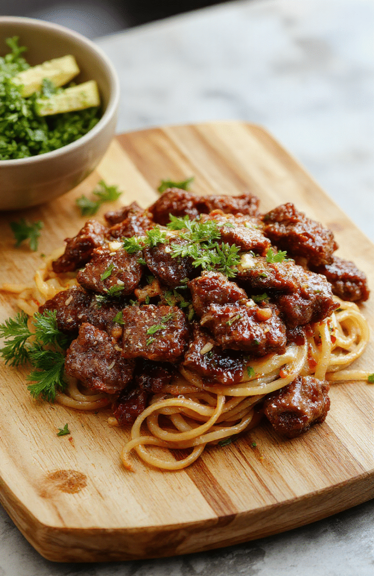 Glossy brown beef tips with tender strands of egg noodles in a rich, savory sauce, garnished with fresh parsley, served in a rustic ceramic bowl on a light wood table, natural daylight, shallow depth of field, soft shadows.