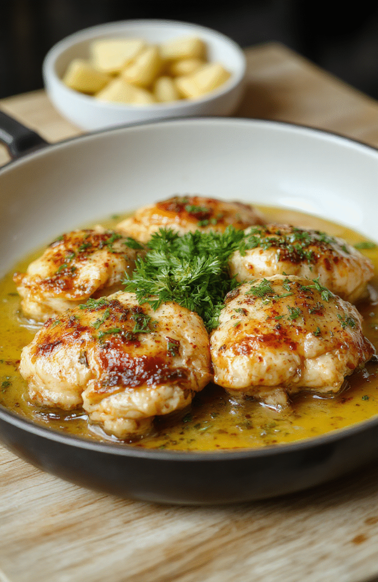 Golden-brown pan-seared chicken thighs glistening with glossy garlic butter sauce, nestled beside lightly charred lemon wedges and fresh parsley sprigs on a rustic ceramic plate, with caramelized garlic cloves and a drizzle of golden sauce pooling on the plate.