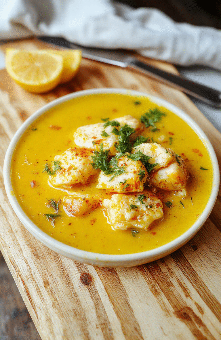 A rustic ceramic bowl filled with golden-yellow turmeric chicken soup, richly textured with tender chicken pieces, vibrant diced carrots, celery, and leeks, garnished with fresh parsley and a twist of lemon zest, steam rising, served on a natural wood cutting board with subtle shadows and soft daylight.