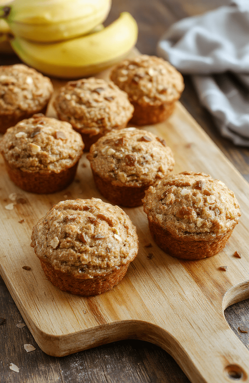 Three golden-brown banana oatmeal muffins on a white ceramic plate, each with a slightly dome-shaped top, visible oat flakes and banana chunks, dusted lightly with cinnamon, sitting on a rustic wooden cutting board with natural grain tones, soft natural light, shallow depth of field