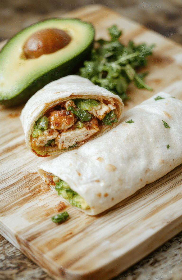 Fresh chicken avocado wrap wrapped in a tortilla, cut in half to reveal layers of grilled chicken, creamy avocado slices, crisp lettuce, red onion, and cherry tomatoes, placed on a clean wooden cutting board with natural light and soft shadows.