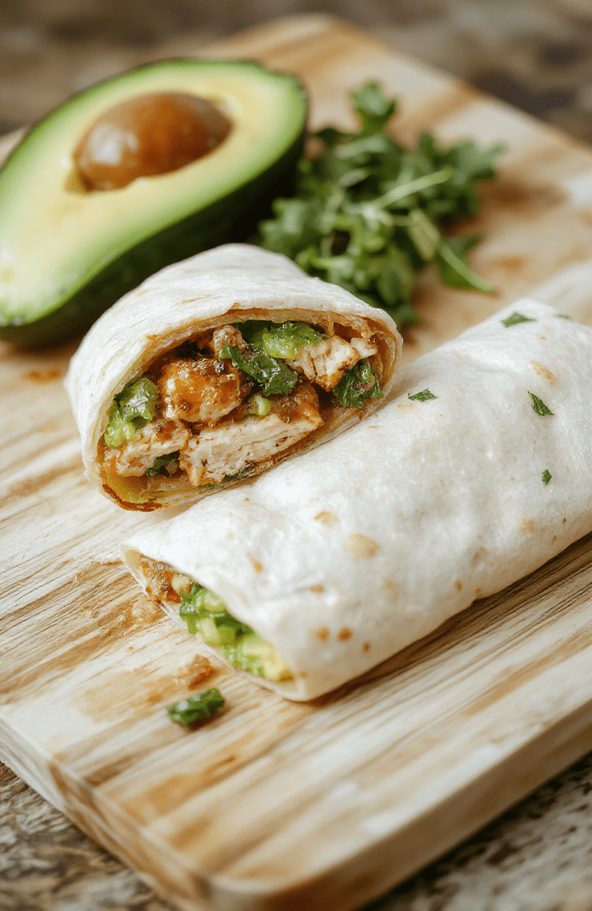 Fresh chicken avocado wrap wrapped in a tortilla, cut in half to reveal layers of grilled chicken, creamy avocado slices, crisp lettuce, red onion, and cherry tomatoes, placed on a clean wooden cutting board with natural light and soft shadows.
