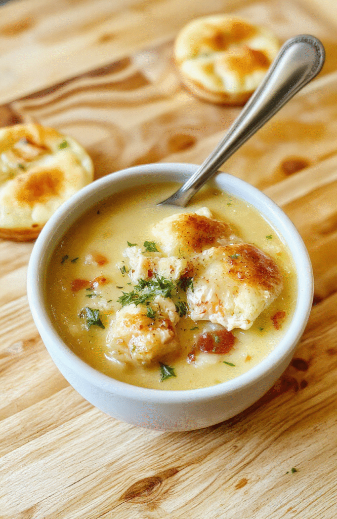 A rustic ceramic bowl filled with golden-brown creamy chicken pot pie soup, studded with tender chicken pieces, soft cooked carrots, peas, and diced potatoes, garnished with fresh parsley and a drizzle of olive oil. Background features a cozy wooden table with soft natural light casting gentle shadows.