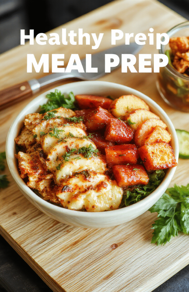 A vibrant meal prep bowl with grilled chicken breast, quinoa, steamed broccoli, cherry tomatoes, cucumber slices, and avocado halves arranged neatly in a white ceramic container, drizzled with lemon-tahini dressing, against a light wooden background with soft natural light.