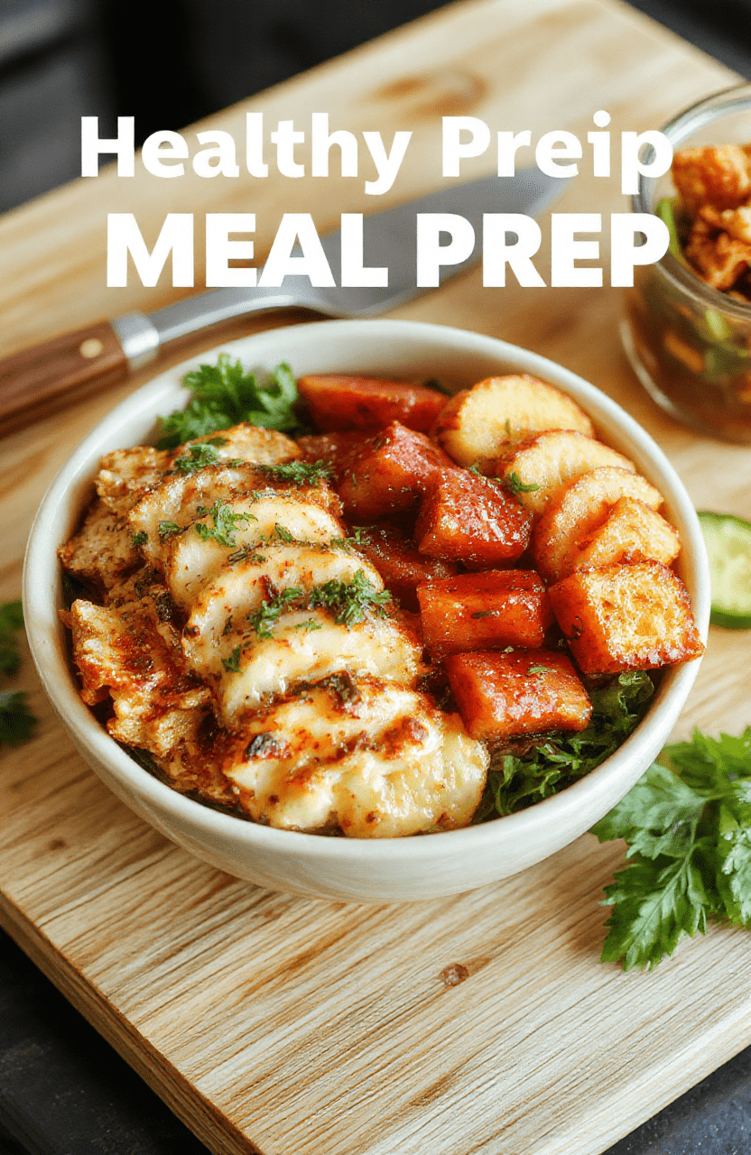 A vibrant meal prep bowl with grilled chicken breast, quinoa, steamed broccoli, cherry tomatoes, cucumber slices, and avocado halves arranged neatly in a white ceramic container, drizzled with lemon-tahini dressing, against a light wooden background with soft natural light.