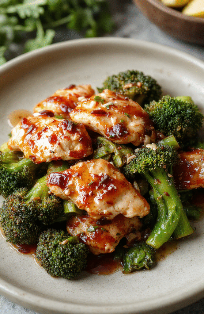 Healthier orange-glossy glazed sesame chicken with tender chicken breast pieces and vibrant steamed broccoli florets on a white ceramic plate, sprinkled with toasted sesame seeds and chopped green onions, served with a side of steamed jasmine rice on the plate edge, natural light, shallow depth of field, casual home-cooked plating.
