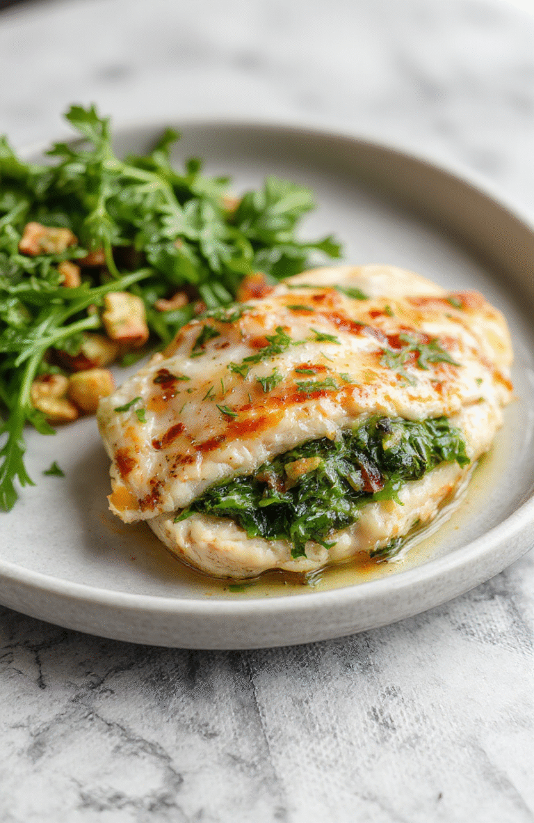 Juicy bake chicken breast halved lengthwise and stuffed with vibrant green spinach and feta mixture, roasted to golden brown, served on a rustic white plate with roasted cherry tomatoes and fresh parsley sprinkled on top