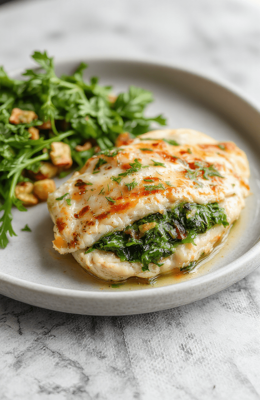 Juicy bake chicken breast halved lengthwise and stuffed with vibrant green spinach and feta mixture, roasted to golden brown, served on a rustic white plate with roasted cherry tomatoes and fresh parsley sprinkled on top
