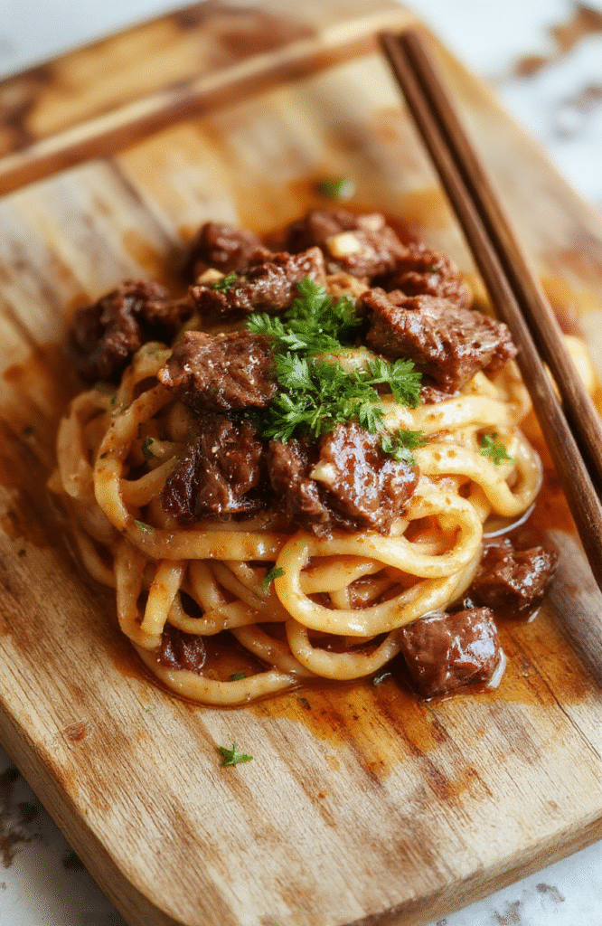 A steaming bowl of rich brown beef stew with tender noodles, carrots, and peas tossed in a savory gravy, garnished with fresh parsley, placed on a rustic wooden board, natural daylight, shallow depth of field, with soft shadows and warm tones