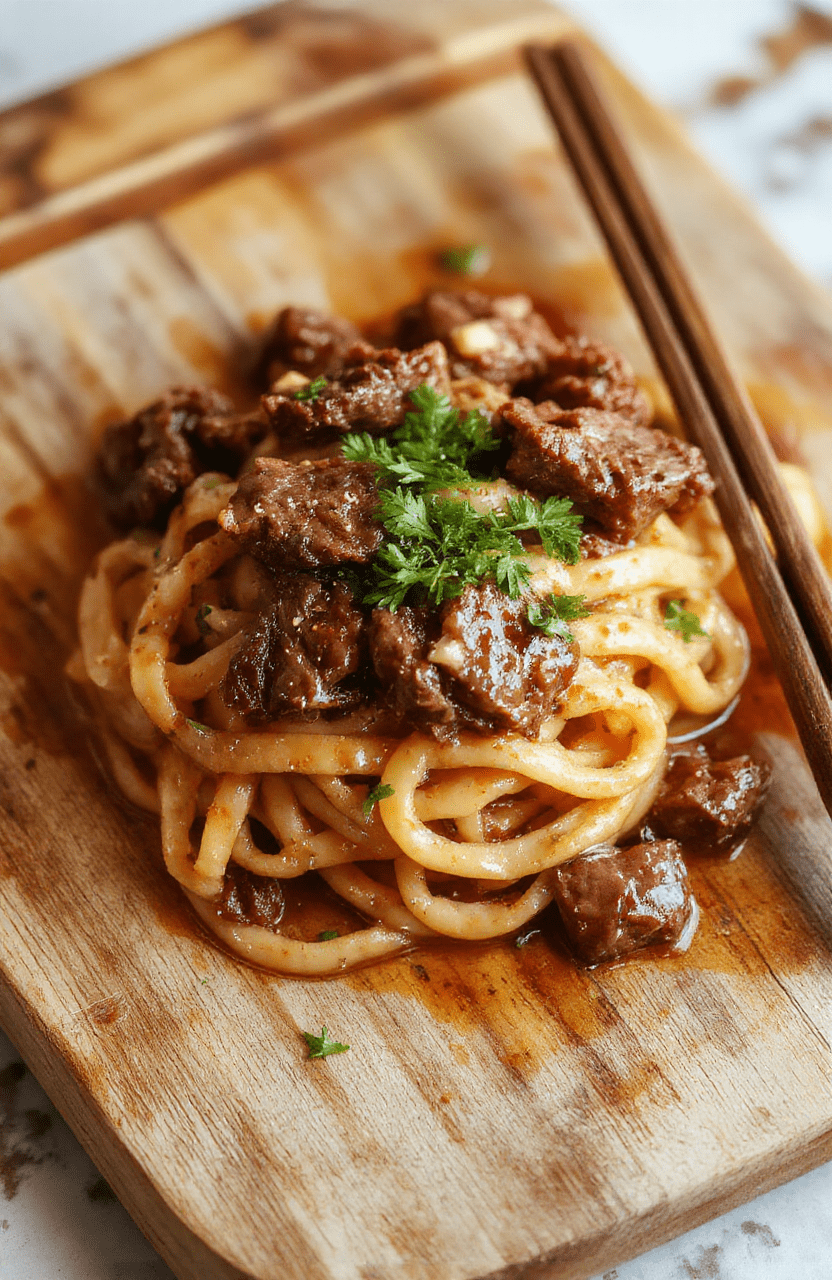 A steaming bowl of rich brown beef stew with tender noodles, carrots, and peas tossed in a savory gravy, garnished with fresh parsley, placed on a rustic wooden board, natural daylight, shallow depth of field, with soft shadows and warm tones