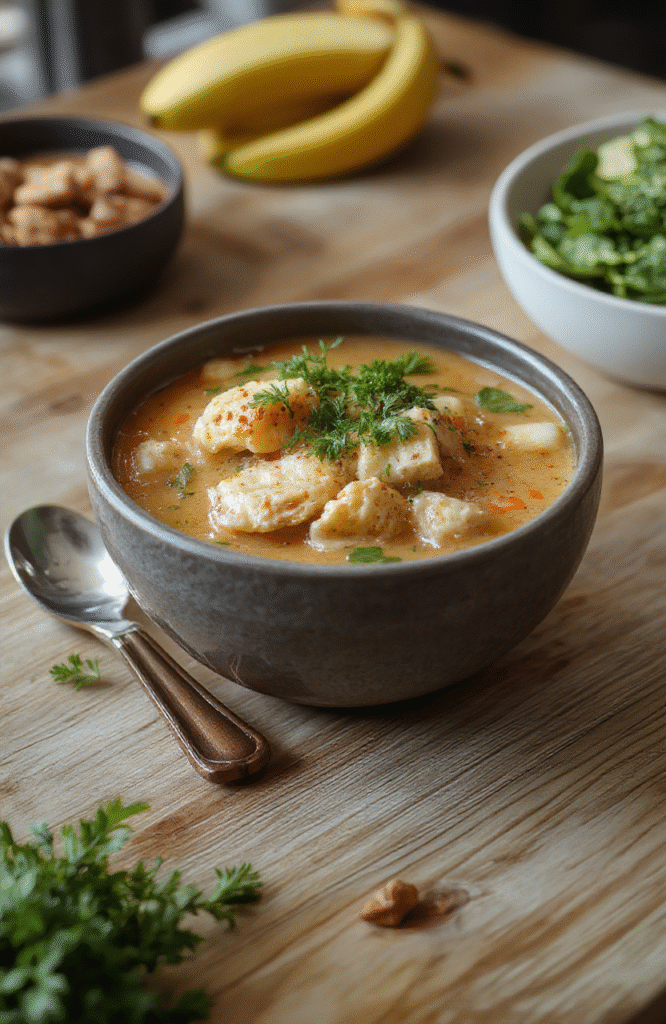 A steaming bowl of hearty chicken rice soup featuring tender shredded chicken, fluffy white rice, diced carrots, and celery in a golden broth, garnished with fresh parsley, served in a rustic ceramic bowl on a wooden table with soft natural lighting.
