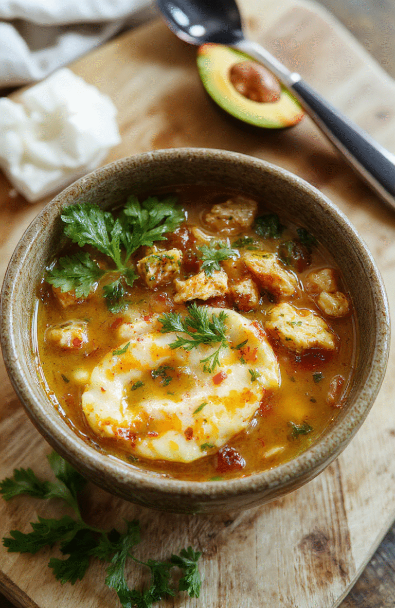 A steaming bowl of hearty chicken tortilla soup with tender shredded chicken, black beans, corn, diced tomatoes, and avocado slices, garnished with fresh cilantro and crushed tortilla chips, served on a rustic wooden board with soft natural lighting and a shallow depth of field.