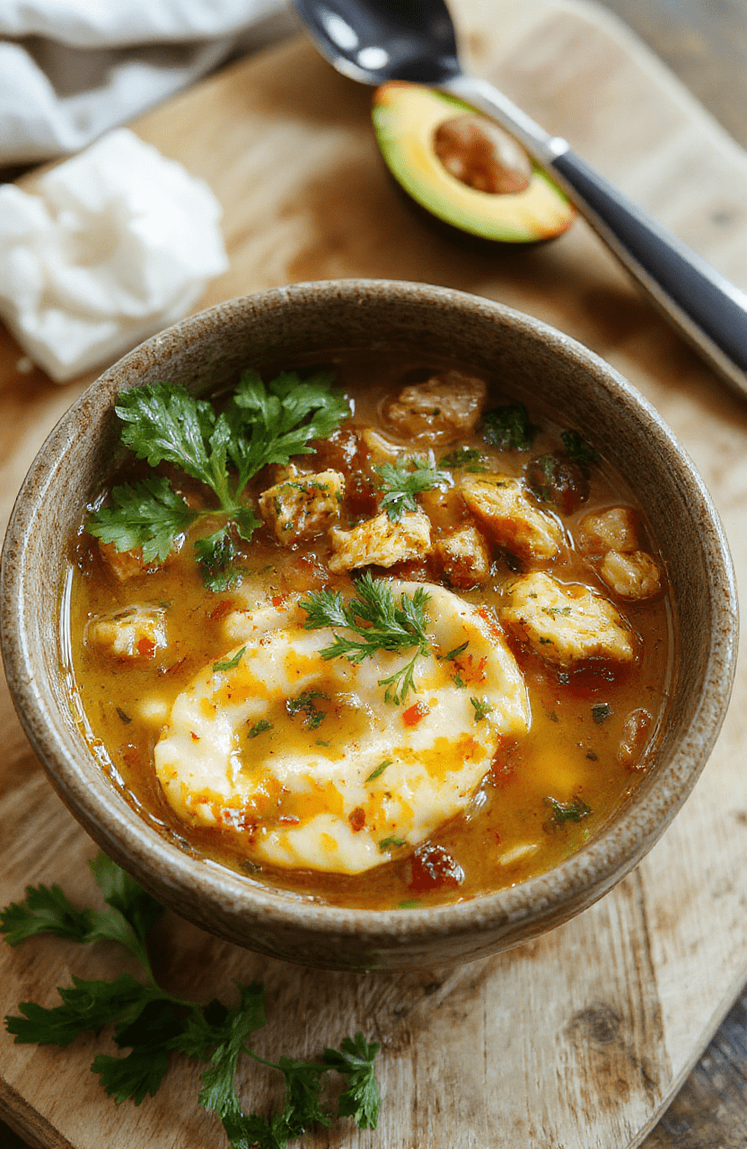 A steaming bowl of hearty chicken tortilla soup with tender shredded chicken, black beans, corn, diced tomatoes, and avocado slices, garnished with fresh cilantro and crushed tortilla chips, served on a rustic wooden board with soft natural lighting and a shallow depth of field.