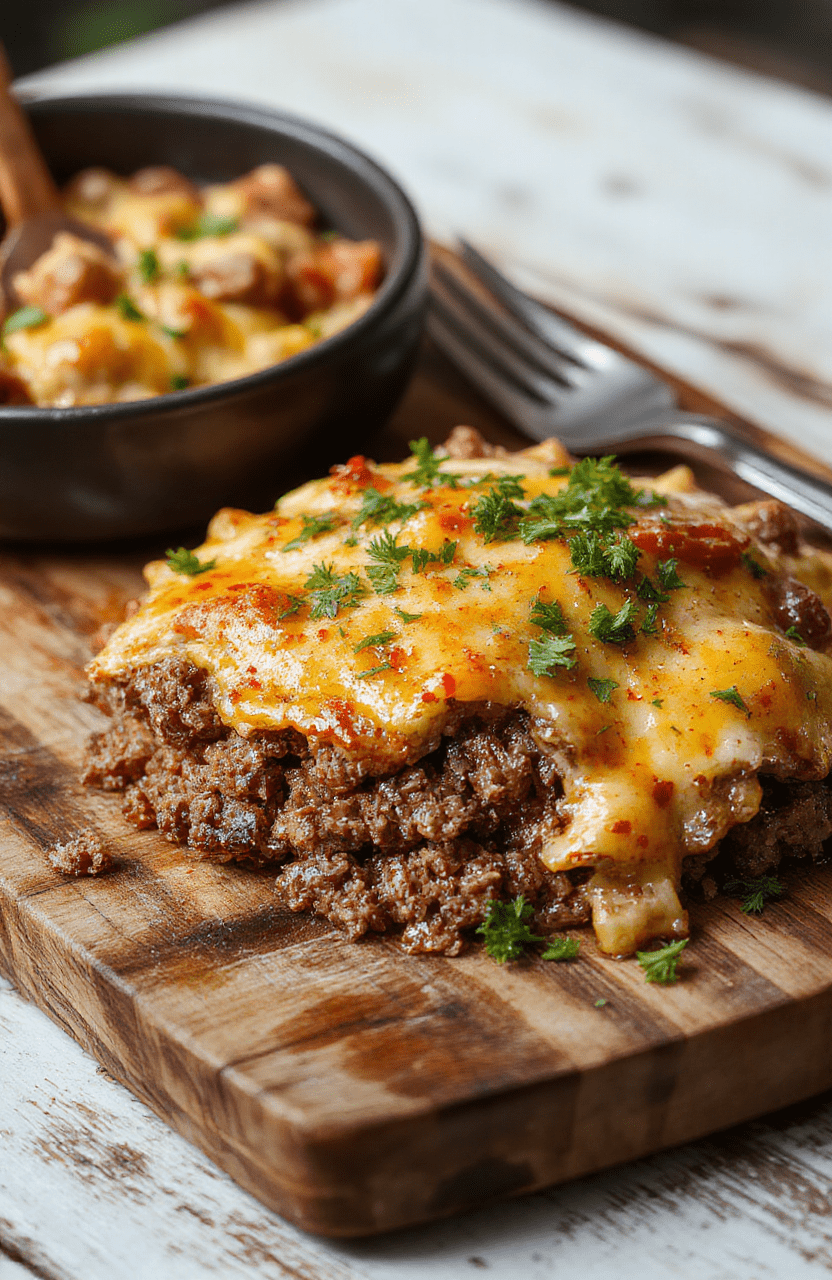 A hearty, golden-brown ground beef hobo casserole in a cast-iron skillet, topped with melted cheddar cheese, green onions, and crispy tater tots. The casserole is nestled on a rustic wooden table with soft natural light, showing layered beef, beans, onions, and tomatoes underneath the cheesy crust.