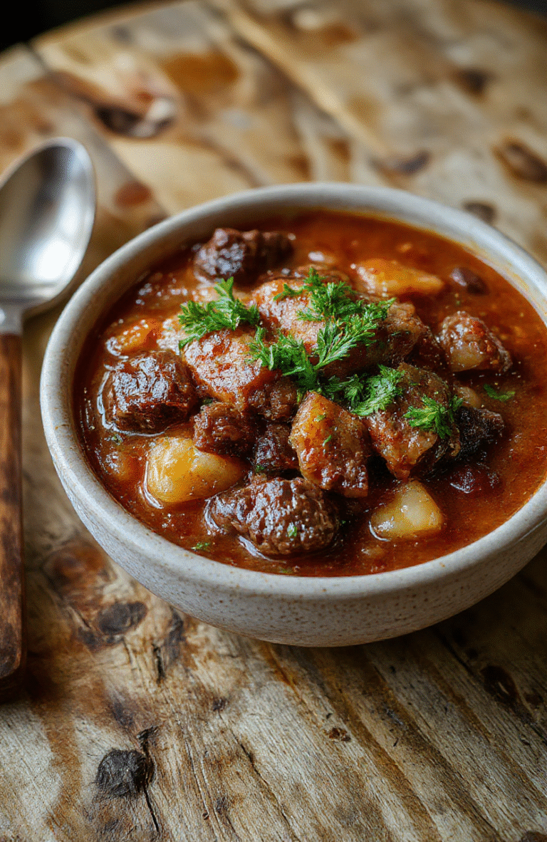 Rich brown beef stew with tender chunks of beef, carrots, potatoes, and onions in a thick, savory broth, served in a rustic ceramic bowl garnished with fresh parsley, steam rising, on a wooden table with soft natural light and shallow depth of field