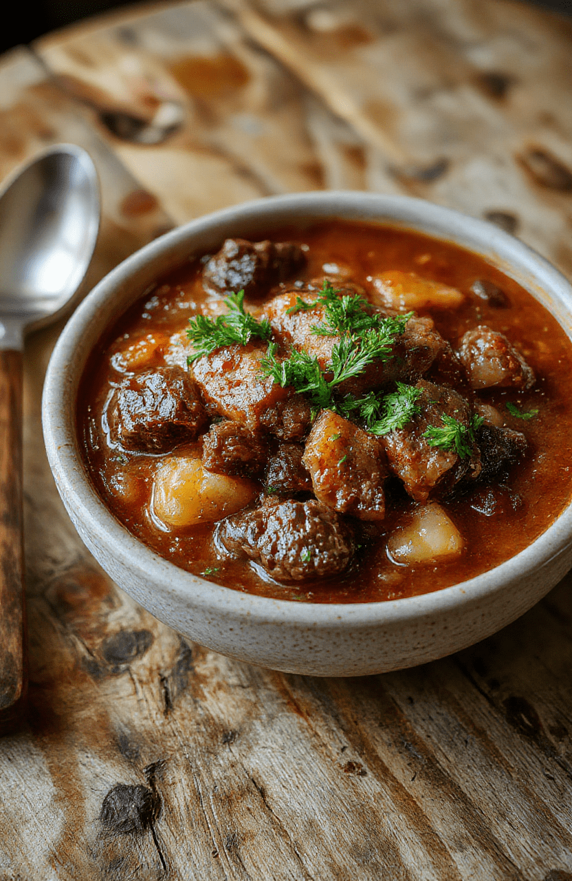 Rich brown beef stew with tender chunks of beef, carrots, potatoes, and onions in a thick, savory broth, served in a rustic ceramic bowl garnished with fresh parsley, steam rising, on a wooden table with soft natural light and shallow depth of field