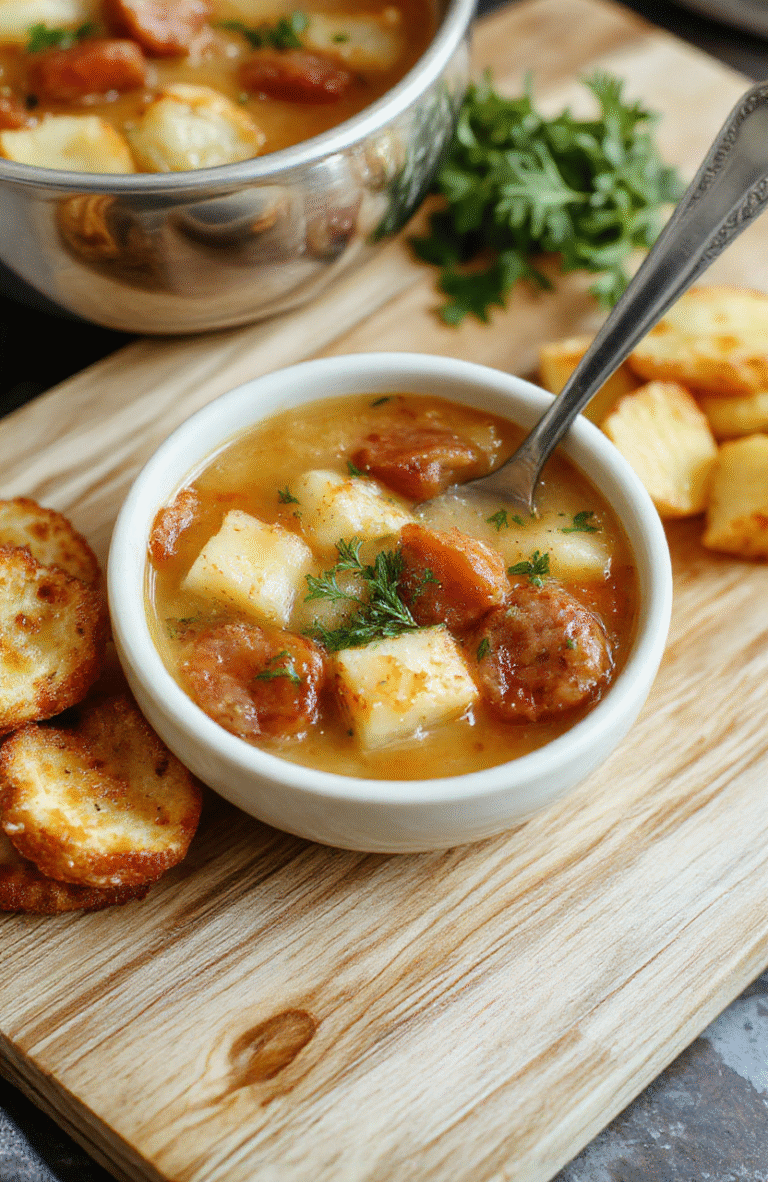 A steaming bowl of creamy sausage potato soup with tender chunks of browned sausage, diced potatoes, and soft carrots floating in a rich, golden broth, garnished with fresh chopped parsley and a drizzle of olive oil, served on a rustic wooden board with a wooden spoon resting beside it.
