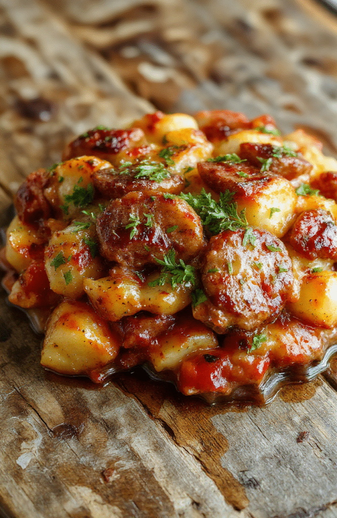 A rustic ceramic baking dish filled with golden-brown crispy-edged sausage links, tender parboiled potato slices layered in glossy cheese sauce, green onions scattered on top, and a hint of melted cheddar bubbling at the edges, served in the dish directly on a wooden table