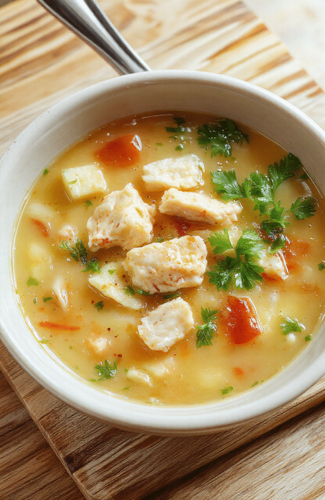 A steaming bowl of golden chicken noodle soup in a white ceramic bowl, filled with tender shredded chicken, soft egg noodles, vibrant green pea bits, orange carrot slices, and fluffy white steam rising, garnished with fresh parsley on a rustic wooden table with soft natural light