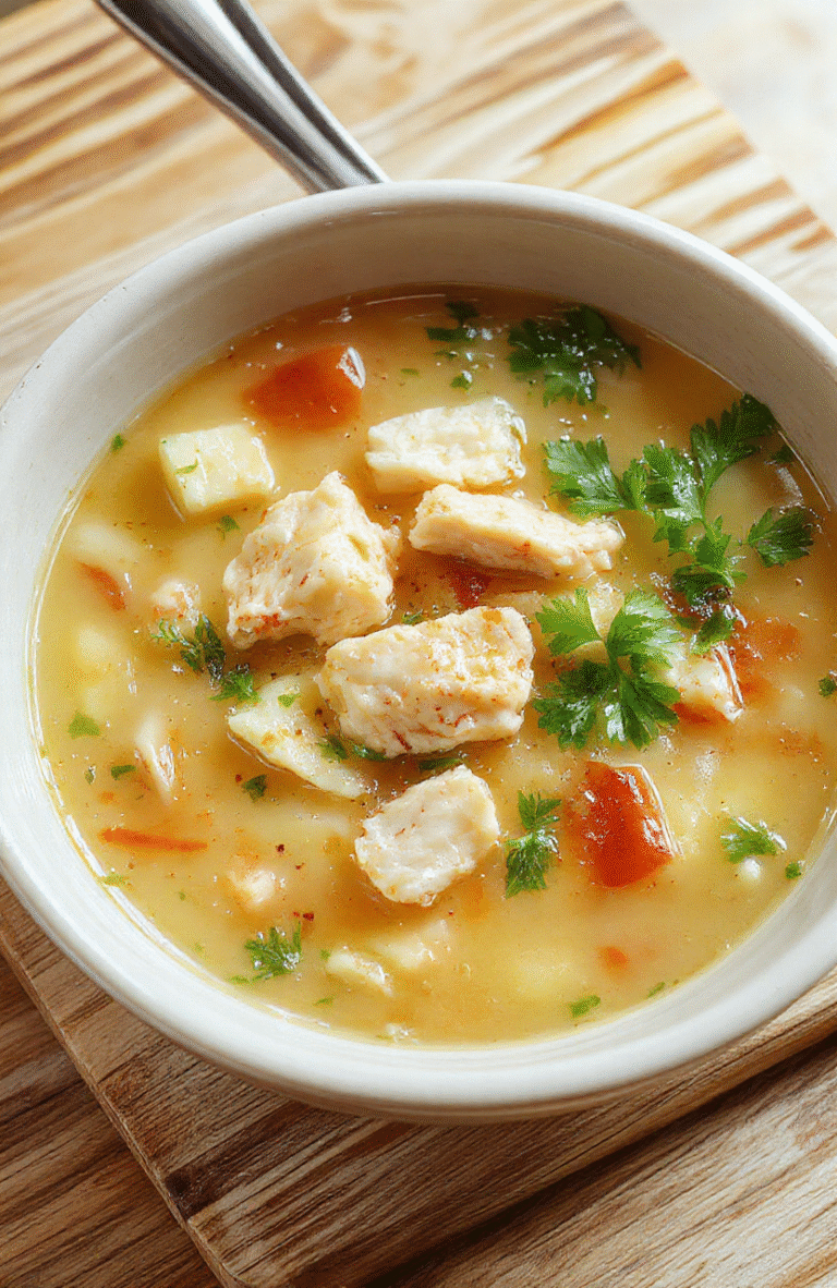 A steaming bowl of golden chicken noodle soup in a white ceramic bowl, filled with tender shredded chicken, soft egg noodles, vibrant green pea bits, orange carrot slices, and fluffy white steam rising, garnished with fresh parsley on a rustic wooden table with soft natural light