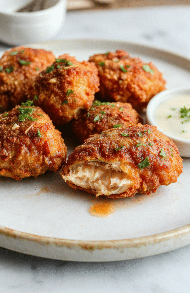 Golden-brown, crispy chicken tenders arranged on a white ceramic plate, glistening with a light glaze of melted butter, accompanied by a small ramekin of tangy honey-mustard dipping sauce and a side of sea-salt-dusted shoestring fries. Fresh parsley sprigs scatter the plate, with soft focus background of a sunlit kitchen counter and wooden tabletop.