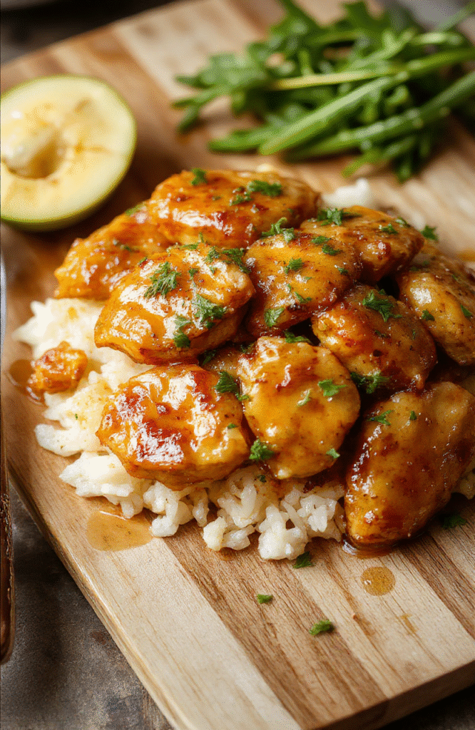 Golden-brown pan-seared chicken thighs glazed with glossy honey butter sauce, garnished with fresh parsley and sesame seeds, served beside fluffy garlic rice on a white ceramic plate, with soft steam rising, viewed from a slight overhead angle, warm natural daylight, shallow depth of field background blurred with subtle wood tones.