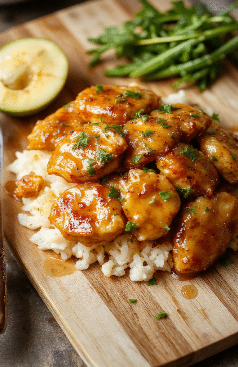Golden-brown pan-seared chicken thighs glazed with glossy honey butter sauce, garnished with fresh parsley and sesame seeds, served beside fluffy garlic rice on a white ceramic plate, with soft steam rising, viewed from a slight overhead angle, warm natural daylight, shallow depth of field background blurred with subtle wood tones.