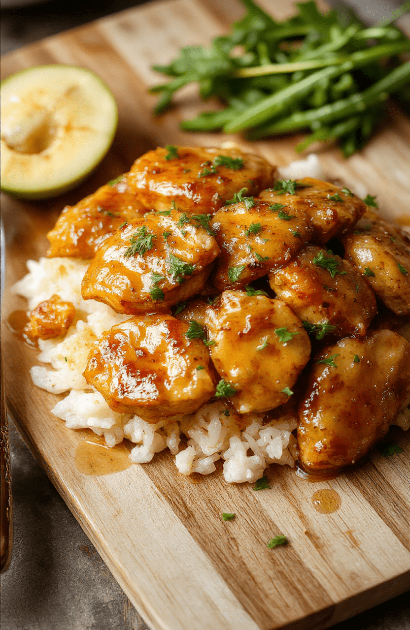 Golden-brown pan-seared chicken thighs glazed with glossy honey butter sauce, garnished with fresh parsley and sesame seeds, served beside fluffy garlic rice on a white ceramic plate, with soft steam rising, viewed from a slight overhead angle, warm natural daylight, shallow depth of field background blurred with subtle wood tones.