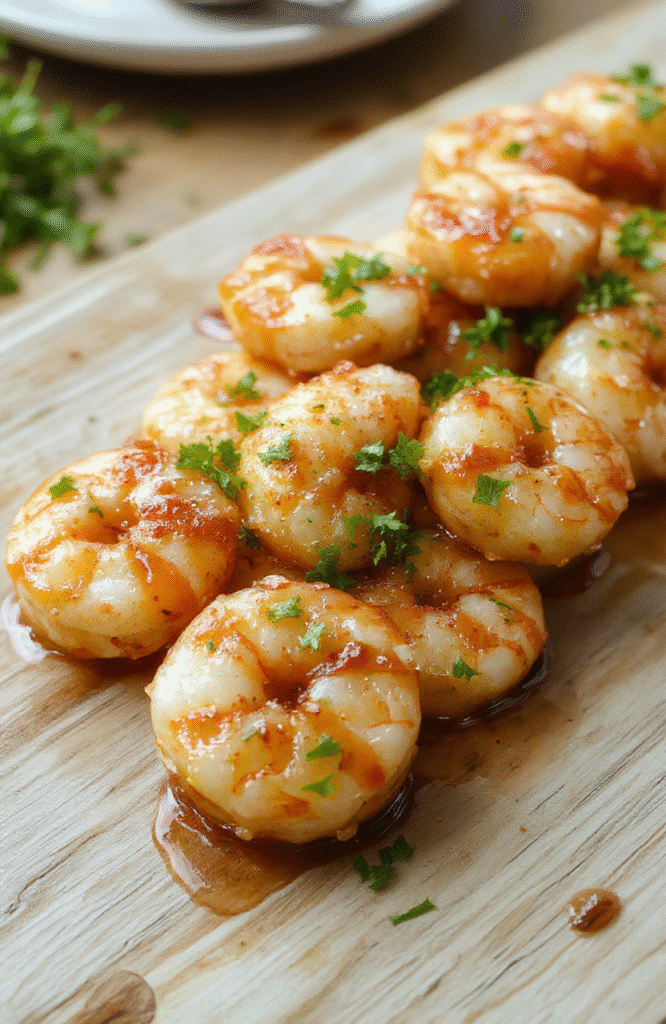 Glistening honey garlic shrimp in a glossy golden glaze, served in a white ceramic bowl with vibrant green parsley sprigs and subtle black sesame seeds, set against a light oak wood table with soft natural light and warm shadows