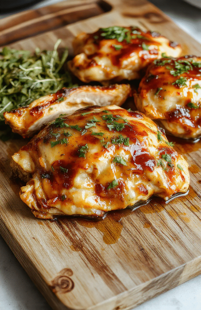 Golden-brown chicken thighs glistening with sticky honey garlic glaze, nestled on a bed of fluffy white rice, topped with sliced green onions and sesame seeds, served in a rustic ceramic bowl with a side of steamed broccoli in natural daylight.
