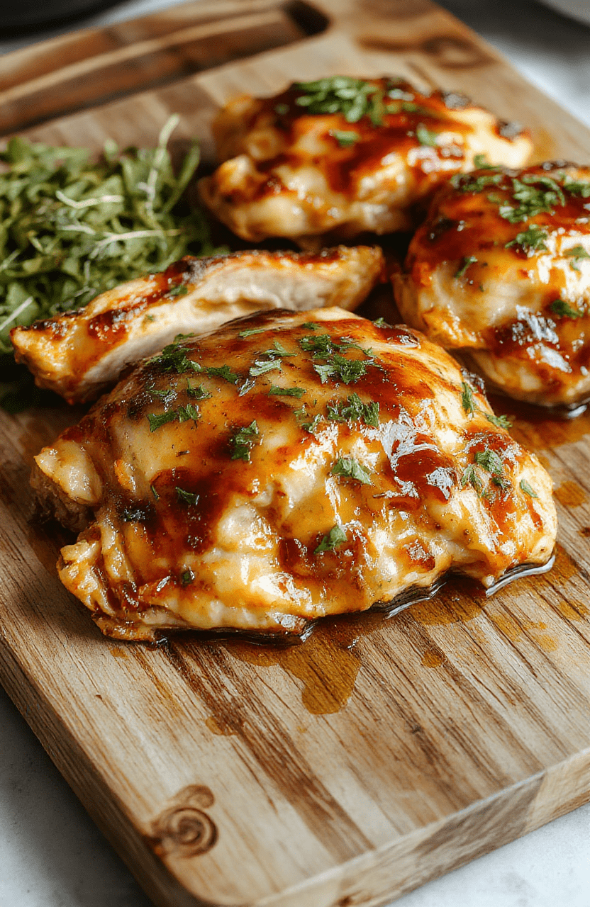 Golden-brown chicken thighs glistening with sticky honey garlic glaze, nestled on a bed of fluffy white rice, topped with sliced green onions and sesame seeds, served in a rustic ceramic bowl with a side of steamed broccoli in natural daylight.