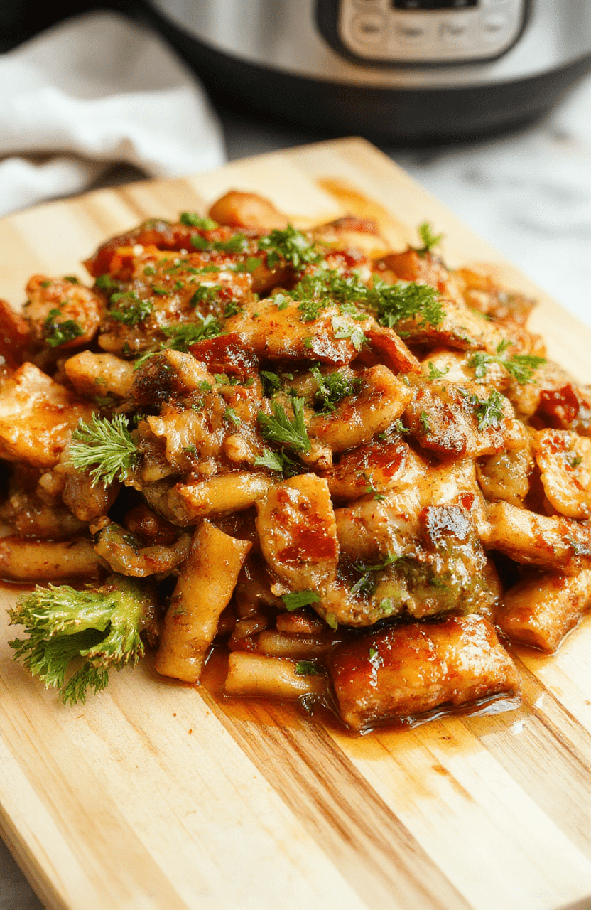Steamy Instant Pot pot on stovetop with lid raised, revealing colorful, tender chicken and roasted veggie stew inside, garnished with fresh parsley, on a clean white countertop with soft natural light, shallow depth of field, minimal props, vibrant and homey.