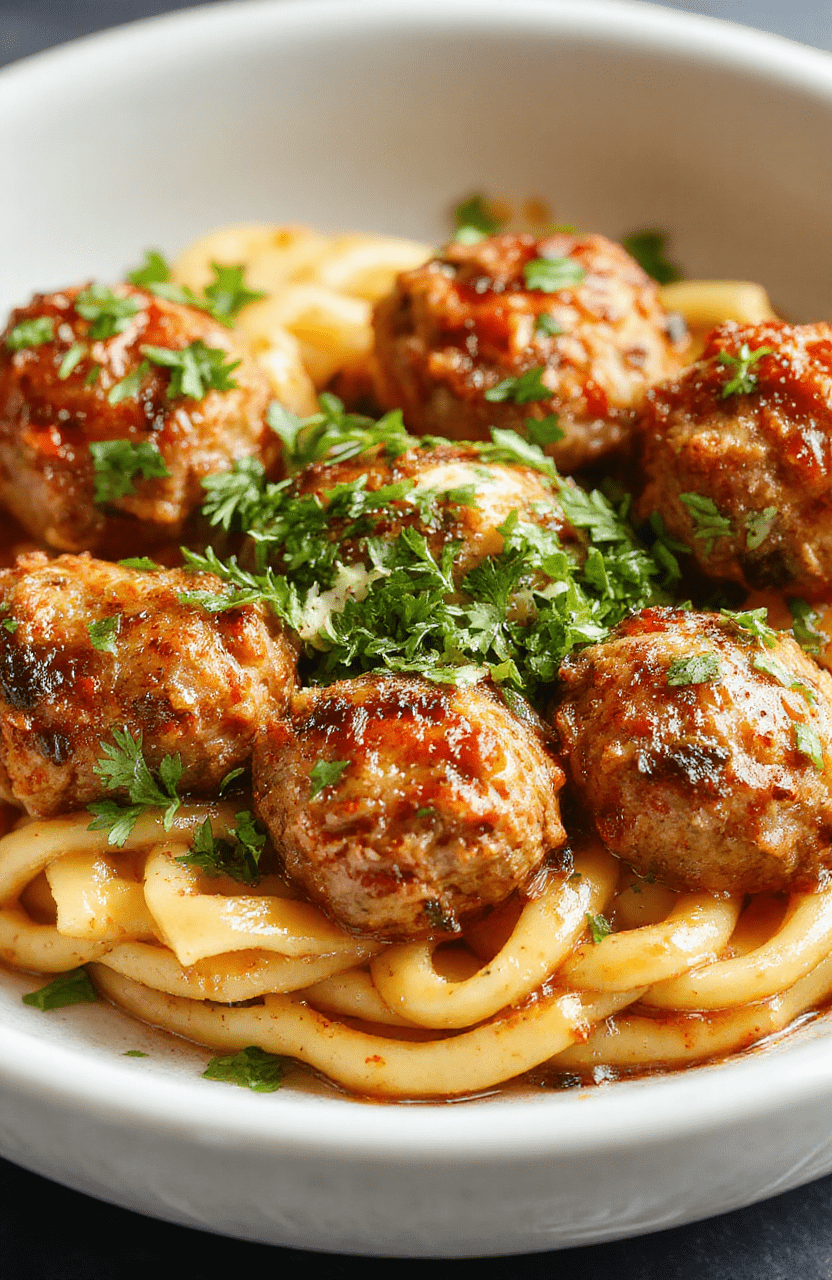 Golden-brown, juicy turkey meatballs glistening with a light glaze, nestled on a white ceramic plate beside a bed of al dente pasta, fresh parsley sprigs, and a drizzle of olive oil, with steaming steam rising — soft focused background, natural daylight, shallow depth of field.