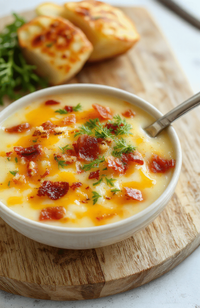 A rustic ceramic bowl filled with creamyloaded potato soup, topped with crispy bacon bits, shredded sharp cheddar cheese, chopped green onions, and a dollop of sour cream, steaming gently on a wooden kitchen counter with subtle natural light