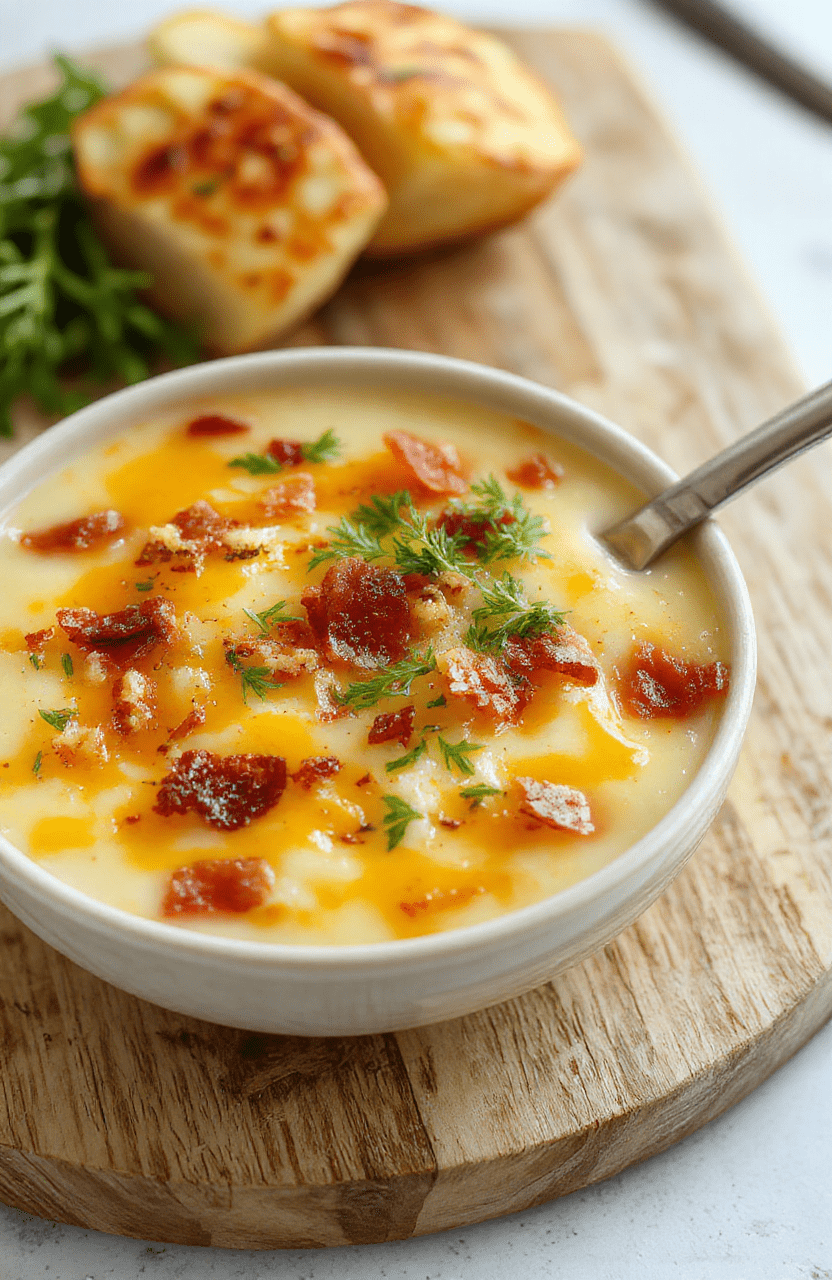 A rustic ceramic bowl filled with creamyloaded potato soup, topped with crispy bacon bits, shredded sharp cheddar cheese, chopped green onions, and a dollop of sour cream, steaming gently on a wooden kitchen counter with subtle natural light