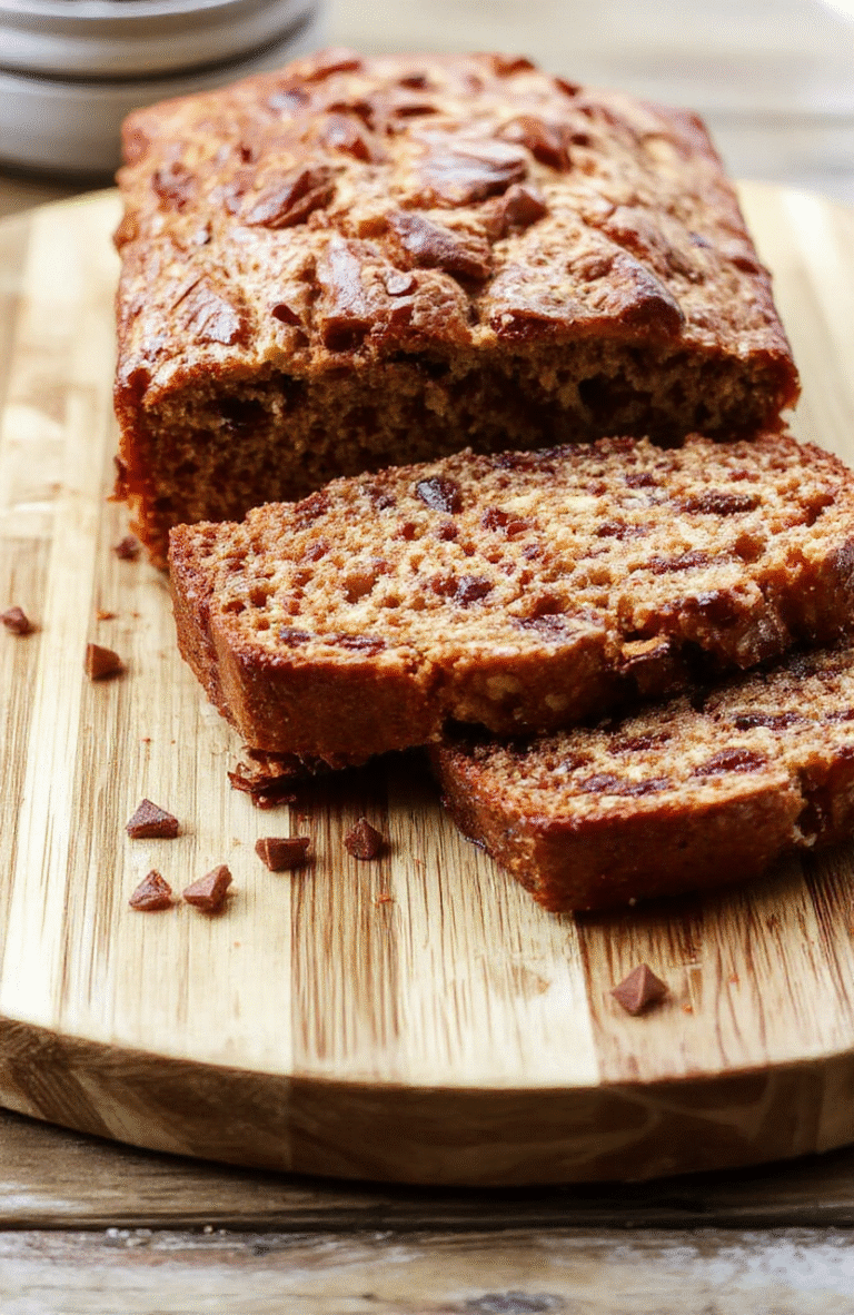 A golden-brown loaf of banana bread with a crackled crust, sliced and placed on a rustic wooden cutting board. Fresh banana slices and a dusting of cinnamon rest beside it. Light brown sugar glaze drips down one side, with walnuts sprinkled on top.