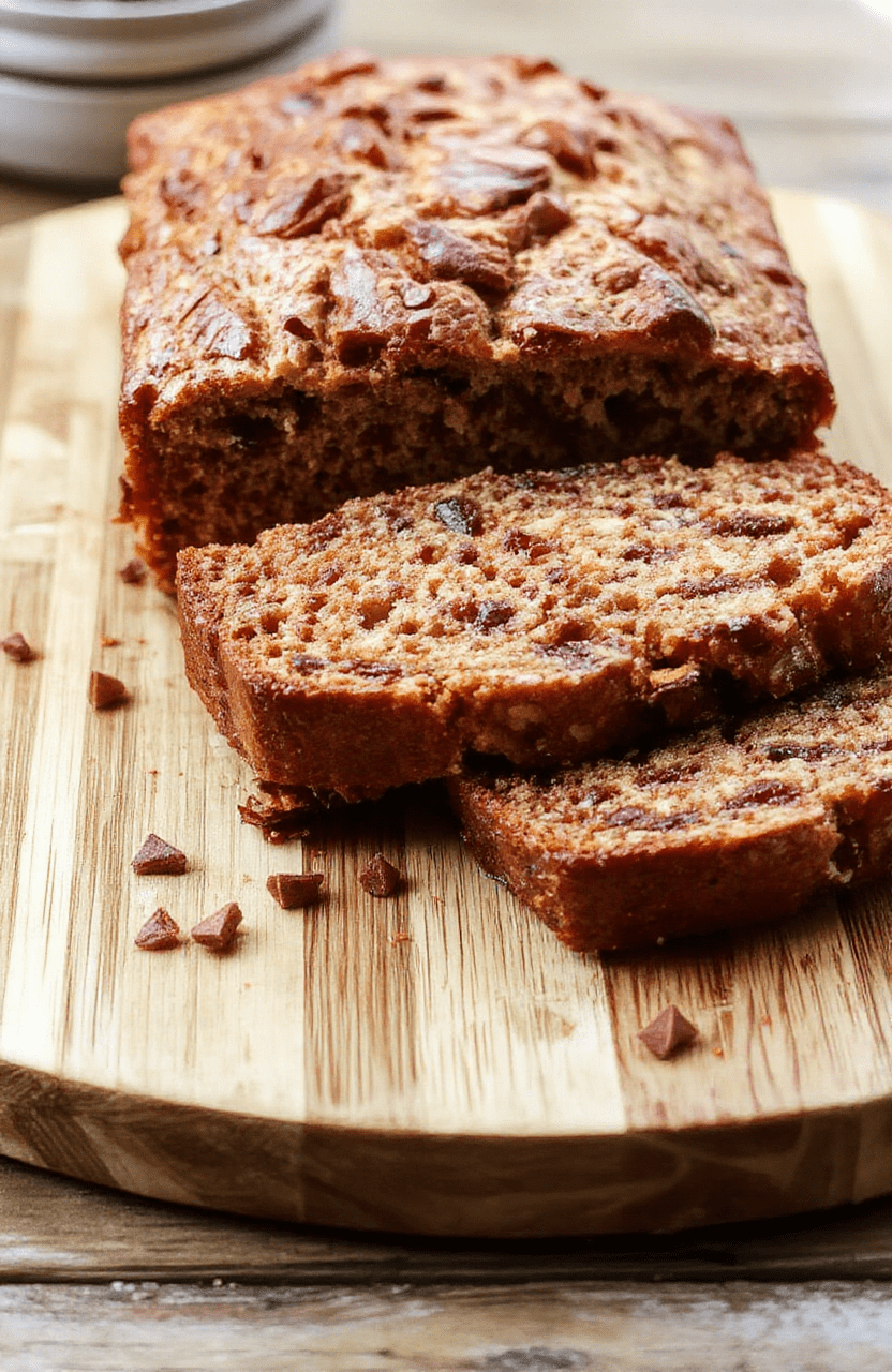 A golden-brown loaf of banana bread with a crackled crust, sliced and placed on a rustic wooden cutting board. Fresh banana slices and a dusting of cinnamon rest beside it. Light brown sugar glaze drips down one side, with walnuts sprinkled on top.