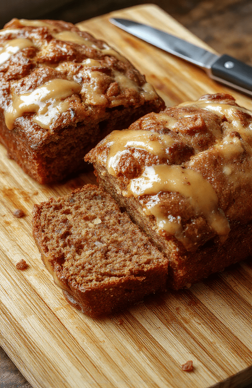 A golden-brown banana bread loaf with a cracked top, sliced open to reveal a tender, moist crumb and flecks of dark chocolate chips, resting on a rustic wooden cutting board beside three ripe bananas and a dusting of powdered sugar.