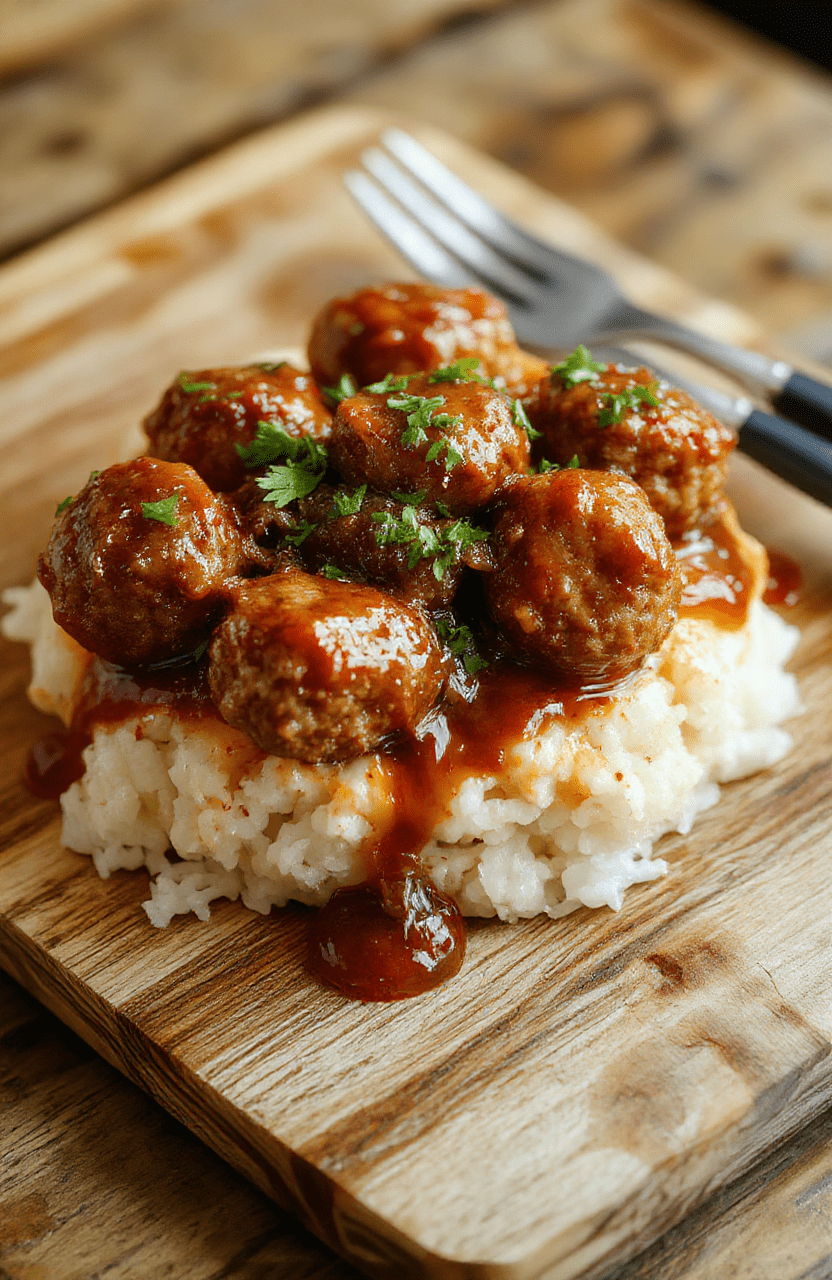 Glossy brown Mongolian meatballs glistening with sticky-sweet glaze, arranged in a neat circle atop steamed white rice, garnished with sesame seeds and sliced green onions, shot on a clean white ceramic plate.