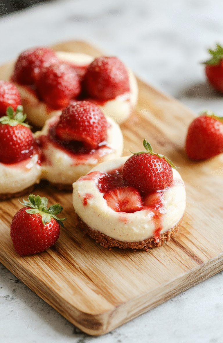 Fresh strawberries halved and filled with creamy white cheesecake mixture, drizzled with golden honey and topped with crushed graham cracker crumbs, arranged on a rustic wooden board with scattered berry halves and mint leaves in natural daylight.