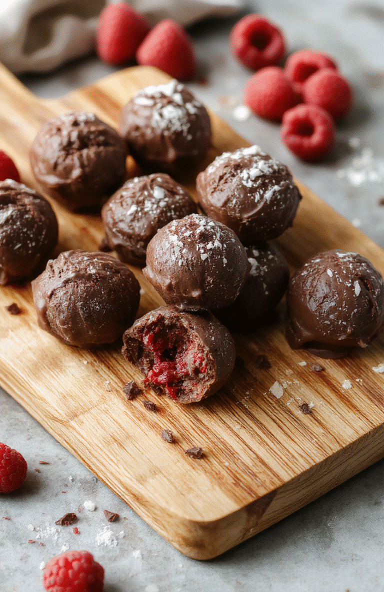 Glossy dark chocolate truffles dusted with freeze-dried raspberry powder, neatly arranged on a rustic wooden board with fresh raspberries and shaved chocolate, vibrant red and deep brown contrasts, soft natural light, shallow depth of field.