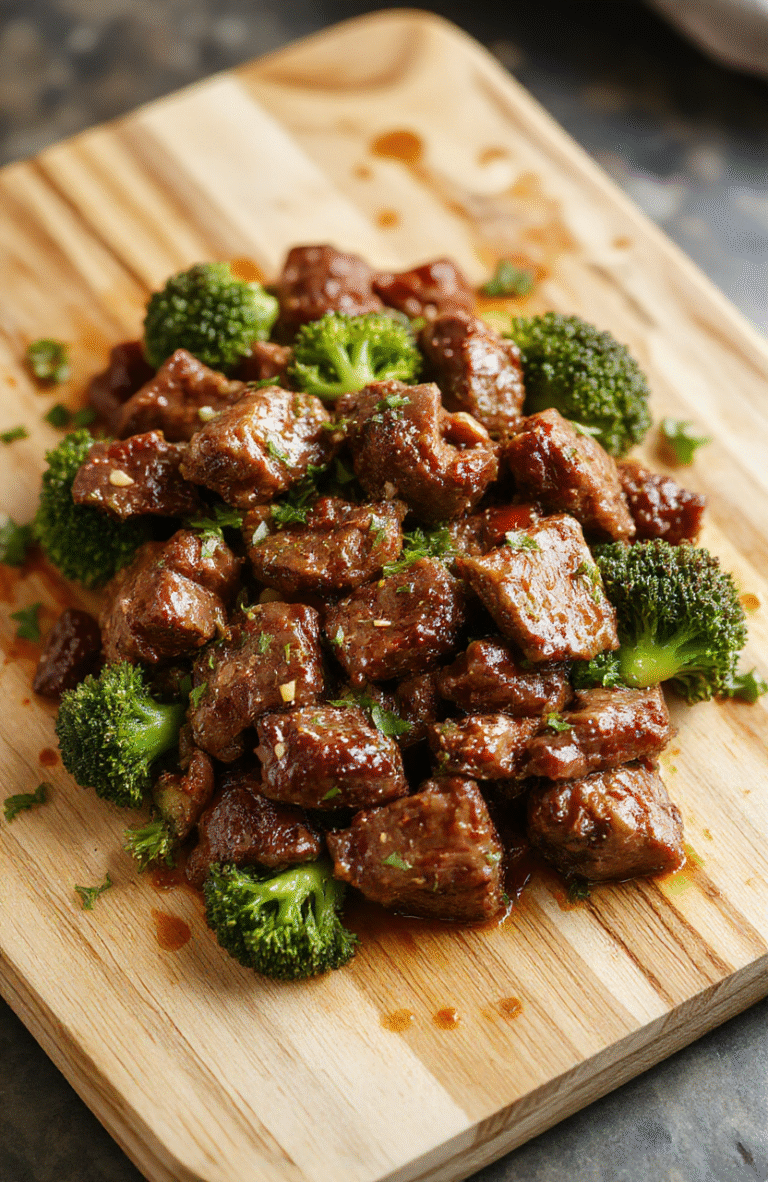 Sizzling beef strips and vibrant green broccoli florets in a glossy, rich brown sauce, served in a cast-iron skillet on a clean granite countertop. Garnished with sesame seeds and sliced green onions, with subtle steam rising. Soft natural light from a nearby window creates gentle shadows.