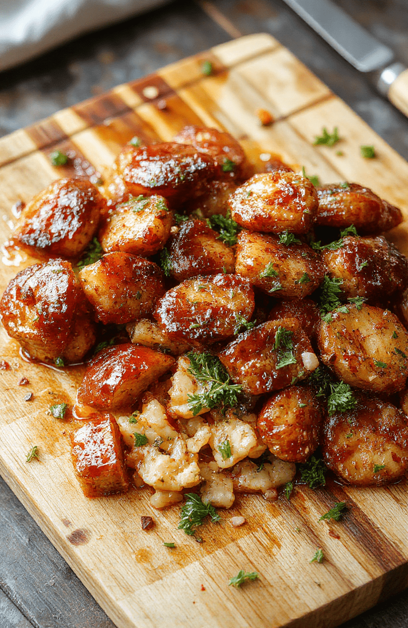A steaming one-pot dinner on a rustic wooden cutting board: tender chicken, colorful bell peppers, cherry tomatoes, and green beans in a lightly sauced creamy garlic broth, garnished with fresh parsley, cast iron skillet in background, soft natural light, shallow depth of field.