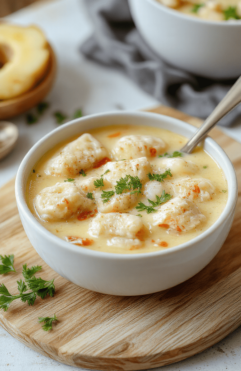 A rustic bowl of quick chicken dumpling soup with fluffy white biscuit dumplings floating in golden broth, tender shredded chicken, and flecks of green onions. Steam rises gently. Spoon resting beside the bowl on a wooden table with soft natural light.