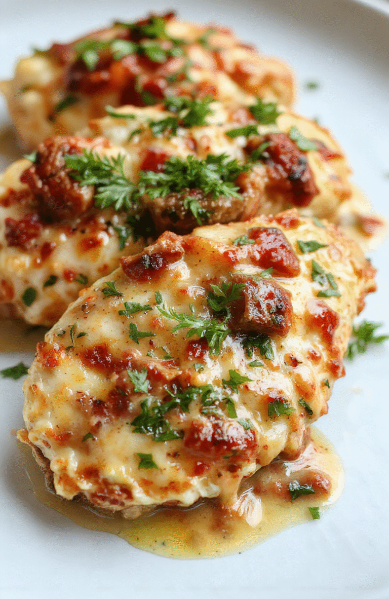 Golden-brown seared chicken breast on white ceramic plate, nestled with vibrant spinach, sun-dried tomatoes, and creamy garlic-parmesan sauce, garnished with fresh basil and a sprinkle of crushed red pepper flakes.